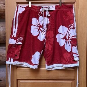 VTG Brents Surf Wear Swim Cargo Board Shorts Mens XL Lined Red Hawaiian Beach